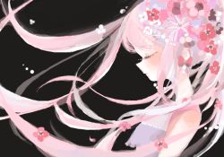 Rule 34 | 1girl, black background, closed eyes, floating hair, flower, from side, hair flower, hair ornament, long hair, nucco, original, pink hair, profile, solo, tegaki, twintails