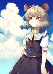 Rule 34 | 1girl, animal ears, arms at sides, black skirt, black vest, blue sky, blush, breasts, cloud, cloudy sky, commentary request, day, eyelashes, grey hair, hot, jewelry, looking afar, looking to the side, mouse ears, mouse girl, mouse tail, nazrin, open mouth, outdoors, pendant, puffy short sleeves, puffy sleeves, red eyes, short hair, short sleeves, skirt, sky, small breasts, solo, standing, sweat, nervous sweating, tail, tomobe kinuko, touhou, vest, white sleeves