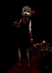 Rule 34 | 1girl, black dress, black sclera, blonde hair, blood, blood on face, blood splatter, blood on clothes, blood on hands, brain, colored sclera, corpse, crazy eyes, creepy, darkness, dress, fangs, glowing, glowing eyes, guro, hair ribbon, highres, horror (theme), intestines, long sleeves, looking at viewer, open mouth, outstretched hand, red eyes, red footwear, ribbon, rumia, sakurai haruto, shirt, shoes, short hair, signature, touhou, vore