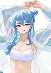 Rule 34 | 1girl, absurdres, alternate costume, arms up, blue eyes, blue hair, breasts, cleavage, commentary, crop top, hair bun, highres, hololive, hoshimachi suisei, long sleeves, looking at viewer, midriff, open clothes, open mouth, open skirt, see-through silhouette, shirt, single hair bun, skirt, small breasts, smile, solo, star (symbol), star in eye, symbol-only commentary, symbol in eye, tagosaku (tatsukiuma0329), teeth, upper body, upper teeth only, virtual youtuber, white shirt