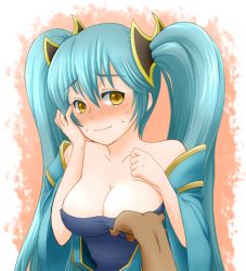 Rule 34 | 1girl, aqua hair, bad id, bad pixiv id, blush, grabbing another&#039;s breast, breasts, cleavage, dress, grabbing, hair ornament, hand on own cheek, hand on own face, jackkazu39, large breasts, league of legends, long hair, looking at viewer, solo focus, sona (league of legends), strapless, strapless dress, sweatdrop, twintails, wavy mouth, wide sleeves, yellow eyes