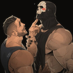 Rule 34 | 2boys, artist name, asymmetrical hair, bara, black background, black hair, black nails, black tank top, blush, call of duty, call of duty: modern warfare 2, chris sdd, couple, facial hair, ghost (modern warfare 2), highres, holding another&#039;s wrist, large pectorals, looking at another, male focus, mask, multiple boys, muscular, muscular male, nail polish, pectorals, short hair, sidecut, simple background, skull mask, smile, soap (modern warfare 2), tank top, undercut, upper body, yaoi