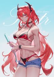 Rule 34 | 1girl, absurdres, alternate costume, arknights, bad id, bad pixiv id, bare shoulders, bikini, bikini under clothes, black bikini, bracelet, breasts, character name, choker, cleavage, closed mouth, collarbone, cowboy shot, cutoffs, demon horns, denim, denim shorts, flame print, food, groin, hair between eyes, hair intakes, highres, horns, jewelry, long hair, looking at viewer, medium breasts, nail polish, navel, o-ring, o-ring bikini, open fly, pink nails, popsicle, purple eyes, red hair, rhine (overtonerhine), short shorts, shorts, sidelocks, solo, spiked bracelet, spiked choker, spikes, standing, stomach, surtr (arknights), swimsuit, underboob, very long hair