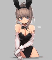 Rule 34 | 1girl, ahoge, animal ears, bandaid, bandaid on arm, bare shoulders, black bow, black bowtie, black leotard, blue eyes, bow, bowtie, breasts, brown hair, cleavage, copyright request, cowboy shot, detached collar, fake animal ears, gloves, highres, hwaryeok, leotard, long sleeves, medium breasts, medium hair, playboy bunny, rabbit, smile, solo, strapless, strapless leotard, white gloves, white sleeves