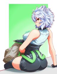 Rule 34 | 1girl, animal ears, ass, breasts, cat ears, cat girl, clothing cutout, coat, unworn coat, fingerless gloves, from behind, from side, gloves, high-waist shorts, highres, hikrispy, jacket, unworn jacket, medium breasts, messy hair, na&#039;el (xenoblade), romper, short hair, short shorts, shorts, simple background, solo, thighhighs, thighs, xenoblade chronicles (series), xenoblade chronicles 3, yellow eyes