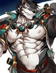 1boy abs absurdres animal_ears ao_(chung0u0) bara bead_necklace beads black_fur black_hair cat_nose commentary english_commentary facial_scar fangs furry furry_male grin highres holding holding_sword holding_weapon jewelry looking_at_viewer male_focus muscular muscular_male navel necklace nipples pectorals scar scar_across_eye scar_on_cheek scar_on_chest scar_on_face sdorica smile sword tiger_boy tiger_ears tiger_stripes weapon yao_(sdorica)