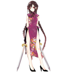 Rule 34 | 1girl, asa (1asa-0-asa1), bad id, bad pixiv id, bare shoulders, black gloves, blush, braid, breasts, brown hair, china dress, chinese clothes, dress, dual wielding, earrings, elbow gloves, fate/grand order, fate (series), floral print, full body, gloves, high heels, highres, holding, jewelry, long hair, medium breasts, multiple earrings, purple dress, red eyes, solo, sword, twin braids, very long hair, weapon, yu mei-ren (fate)
