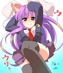 Rule 34 | 1girl, animal ears, arms behind head, arms up, black thighhighs, blazer, blush, breasts, breasts apart, dress shirt, from below, gradient background, highres, impossible clothes, impossible jacket, jacket, large breasts, leg lift, leg up, long hair, long sleeves, looking at viewer, miton (turuyasann), necktie, purple hair, rabbit ears, rabbit pose, red eyes, red necktie, reisen udongein inaba, shirt, solo, tearing up, thighhighs, touhou, very long hair, wavy mouth, white shirt