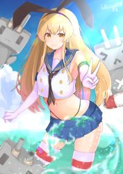 Rule 34 | 1girl, absurdres, anchor, armpits, bad id, bad pixiv id, black neckerchief, black panties, blonde hair, blue skirt, blush, breasts, cloud, dated, day, elbow gloves, gloves, hairband, highleg, highleg panties, highres, kantai collection, long hair, looking at viewer, medium breasts, miniskirt, neckerchief, ocean, outdoors, panties, pleated skirt, rensouhou-chan, sailor collar, shiina aoi, shimakaze (kancolle), skirt, sky, smile, solo, standing, striped clothes, striped thighhighs, thighhighs, thighs, twitter username, underwear, v, water, white gloves, yellow eyes