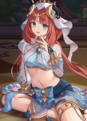 Rule 34 | 1girl, aqua eyes, armpit cutout, armpits, blue bow, blue gemstone, blue nails, blue skirt, blush, bow, breasts, circlet, clothing cutout, crop top, foot out of frame, forehead jewel, gem, genshin impact, gold trim, hand on floor, highres, horns, jewelry, large breasts, long hair, long sleeves, looking at viewer, midriff, nail polish, navel, neck ring, night, nilou (genshin impact), open mouth, outdoors, parted bangs, puffy long sleeves, puffy sleeves, red hair, sidelocks, sitting, skirt, smile, solo, stomach, thighlet, thighs, twintails, v, veil, white sleeves, yuririn poi