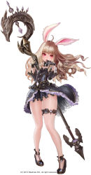 Rule 34 | 1girl, ahoge, animal ears, arm up, artist request, black dress, black gloves, blonde hair, rabbit ears, dress, elin, full body, gloves, hand to own mouth, highres, legs, long hair, official art, red eyes, shoes, showgirl skirt, simple background, solo, staff, standing, tera online, thigh strap, weapon, white background, wind, wind lift