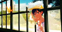 Rule 34 | 1girl, black hair, blurry, breasts, broken window, brown eyes, bug, butterfly, cloud, cloudy sky, commentary, dappled sunlight, depth of field, dress, hand on headwear, hat, highres, inami hatoko, bug, light particles, long hair, looking at viewer, looking to the side, low ponytail, original, power lines, sky, sleeveless, small breasts, solo, straw hat, summer, sundress, sunlight, tan, through window, tree, utility pole, walking