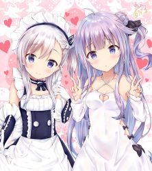 Rule 34 | 2girls, :o, ahoge, asymmetrical bangs, azur lane, bare shoulders, belfast (azur lane), black bow, black dress, black ribbon, blush, bow, braid, center frills, closed mouth, clothing cutout, collarbone, commentary request, criss-cross halter, detached sleeves, double v, dress, dress bow, elbow gloves, frills, gloves, hair between eyes, hair bun, hair ribbon, halterneck, hand up, hands up, heart, little bel (azur lane), long sleeves, looking at viewer, maid headdress, maruma (maruma gic), multiple girls, one side up, parted lips, purple eyes, purple hair, ribbon, side bun, side cutout, signature, silver hair, single hair bun, single side bun, sleeves past wrists, smile, unicorn (azur lane), v, white dress, white gloves