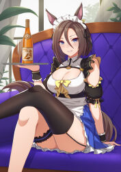 Rule 34 | 1girl, air groove (umamusume), alternate costume, animal ears, ankle strap, apron, asymmetrical legwear, bad id, bad twitter id, bare shoulders, black thighhighs, blue eyes, blue skirt, bow, breasts, brown hair, carrot juice, center opening, cleavage, couch, crossed legs, dot nose, enmaided, forehead, frilled skirt, frills, garter straps, gold trim, grin, hair between eyes, highres, holding, holding tray, horse ears, horse girl, horse tail, juice, knees together feet apart, large breasts, maid, maid apron, maid headdress, o-ring, on couch, single thighhigh, skirt, smile, solo, tail, thigh strap, thighhighs, thighs, tray, umamusume, vococo, white apron, yellow bow
