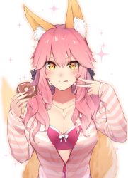 Rule 34 | 10s, 1girl, animal ear fluff, animal ears, blush, breasts, cleavage, collarbone, doughnut, enosan, fate/extra, fate (series), food, fox ears, fox tail, hair between eyes, hand gesture, highres, hood, hoodie, jacket, jewelry, large breasts, licking lips, long hair, looking at viewer, necklace, official alternate costume, pink hair, pink jacket, sidelocks, simple background, smile, solo, sparkle, striped clothes, striped jacket, tail, tamamo (fate), tamamo no mae (fate/extra), tamamo no mae (spring casual) (fate), tongue, tongue out, v, white background, yellow eyes, zipper, zipper pull tab
