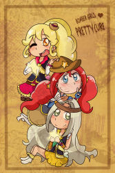 Rule 34 | 10s, 3girls, artist request, blonde hair, blonde haired cure (bomber girls precure) (happinesscharge precure!), blue eyes, bomber girls precure, cowboy hat, feathers, grey eyes, grey hair, grey haired cure (bomber girls precure) (happinesscharge precure!), feather hair ornament, happinesscharge precure!, hat, highres, multiple girls, ponytail, precure, red hair, red haired cure (bomber girls precure) (happinesscharge precure!), tagme