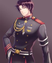 Rule 34 | 10s, 1boy, buttons, double-breasted, grey background, ichinose guren, male focus, military, military uniform, owari no seraph, short hair, simple background, smile, solo, uniform