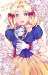 Rule 34 | 2girls, blonde hair, blue eyes, bow, brown hair, dated, dress, earrings, fang, female focus, flower, gloves, hair bow, highres, himeyamato, jewelry, looking at viewer, maria campbell, multiple girls, open mouth, otome game no hametsu flag shika nai akuyaku reijou ni tensei shite shimatta, reflection, self-upload, smile, snow white and the seven dwarfs, solo