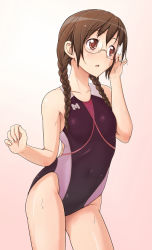 Rule 34 | 1girl, braid, clala, competition swimsuit, e20, glasses, highleg, highleg swimsuit, one-piece swimsuit, quiz magic academy, single vertical stripe, solo, swimsuit, twin braids, wet