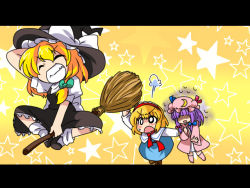 Rule 34 | 3girls, alice margatroid, bad id, bad pixiv id, blonde hair, blush, bow, broom, eromame, female focus, gradient background, grin, hair bow, hairband, hat, kirisame marisa, multiple girls, patchouli knowledge, purple hair, short hair, smile, touhou, witch, witch hat