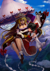 Rule 34 | 2girls, ascot, bare shoulders, black hair, blonde hair, bobby socks, bow, breasts, cleavage, cloud, cloudy sky, detached sleeves, dress, elbow gloves, female focus, gap (touhou), gloves, gohei, hair bow, hair tubes, hakurei reimu, hat, hat ribbon, high heels, highres, holding, japanese clothes, lace, lace-trimmed legwear, lace trim, large breasts, legs, long hair, looking at another, midriff, midriff peek, miko, mountain, multiple girls, open mouth, parasol, ponytail, purple eyes, red eyes, ribbon, sarashi, shoes, sky, smile, socks, thighhighs, thighs, touhou, umbrella, white gloves, white legwear, wide sleeves, yakumo yukari, zqf