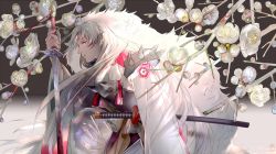Rule 34 | 1boy, armor, commentary, flower, highres, holding, holding weapon, inuyasha, inuyasha (character), japanese clothes, katana, long hair, looking at viewer, male focus, pointy ears, saiga tokihito, sesshoumaru, solo, sword, weapon, white hair, yellow eyes