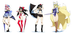 Rule 34 | 4girls, adapted costume, alternate costume, bare shoulders, black hair, blonde hair, blue leotard, blush, boots, breasts, choker, cleavage, closed umbrella, crossed legs, folding fan, fox tail, full body, hakurei reimu, half updo, hand fan, hand on own hip, hat, highleg, highleg leotard, highres, hyouju issei, jacket, japanese clothes, kimono, large breasts, leaf print, leotard, looking at viewer, multiple girls, multiple tails, navel, pink eyes, pink hair, planted, planted umbrella, platform footwear, platform heels, pointy ears, race queen, red eyes, red leotard, saigyouji yuyuko, shameimaru aya, short hair, short kimono, simple background, smile, standing, standing on one leg, stitched, strapless, tail, thigh boots, thighhighs, third-party edit, tokin hat, touhou, triangular headpiece, tube top, umbrella, watson cross, white background, yakumo ran, yellow eyes