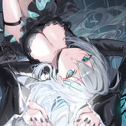 Rule 34 | 1girl, animal ears, artist name, black dress, black nails, blue archive, blue eyes, breasts, cleavage, commentary, cross hair ornament, dress, extra ears, fingernails, grey hair, hair between eyes, hair ornament, haruri, highres, large breasts, long hair, long sleeves, nail polish, open mouth, shiroko (blue archive), shiroko terror (blue archive), signature, solo, thigh strap, wide sleeves, wolf ears