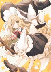 Rule 34 | 1girl, apron, black dress, black hat, blonde hair, bow, broom, broom riding, brown footwear, closed mouth, commentary request, dress, frilled skirt, frills, full body, hat, hat bow, highres, holding, holding broom, kirisame marisa, long hair, long sleeves, looking at viewer, puffy long sleeves, puffy sleeves, red ribbon, ribbon, sabatuki, shirt, shoes, skirt, socks, solo, star (symbol), touhou, very long hair, waist apron, white apron, white bow, white shirt, white socks, witch hat, yellow eyes
