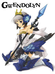 Rule 34 | 1girl, armor, bare shoulders, black eyes, boots, breasts, character name, commentary request, crown, detached sleeves, dress, full body, grey hair, gwendolyn (odin sphere), holding, holding polearm, holding weapon, leg wings, looking at viewer, low wings, odin sphere, okara, parted lips, polearm, short hair, simple background, small breasts, solo, strapless, strapless dress, thigh boots, valkyrie, weapon, white background, wings