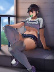 Rule 34 | 1girl, abs, black hair, black shorts, blurry, blurry background, breasts, brown eyes, crop top, curvy, grey shirt, grey thighhighs, hair between eyes, hunyan, knee up, large breasts, mouth hold, original, shadow, shirt, shoes, short hair, short sleeves, shorts, sitting, sneakers, solo, thick thighs, thighhighs, thighs, underboob
