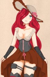 Rule 34 | 1girl, absurdres, blue eyes, boots, braco, breasts, cleavage, collarbone, flower, hair over one eye, hat, hat flower, highres, league of legends, long hair, red hair, miss fortune (league of legends), solo