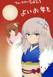 Rule 34 | 2girls, alternate hairstyle, blue eyes, blue kimono, brown eyes, brown hair, closed mouth, commentary, frown, fur scarf, girls und panzer, grey hair, hair ornament, hair up, highres, itsumi erika, japanese clothes, kimono, looking at viewer, medium hair, multiple girls, new year, nishizumi miho, obi, sash, short hair, short twintails, smile, translated, twintails, v, wata do chinkuru