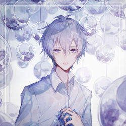 Rule 34 | 1boy, 982466932, ahoge, bishounen, crying, crying with eyes open, idolish7, looking at viewer, male focus, osaka sougo, purple eyes, shirt, short hair, solo, sparkle, tears, upper body, wet, wet clothes, white hair, white shirt