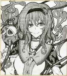 Rule 34 | 1girl, breasts, center frills, character name, closed mouth, collar, commentary request, frills, greyscale, hairband, heart, heart print, highres, ishida kazuma, komeiji satori, looking at viewer, medium breasts, medium hair, monochrome, shikishi, smile, solo, third eye, touhou, traditional media, upper body