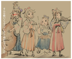 Rule 34 | 4girls, brown theme, castanets, cello, drum, hirasawa yui, instrument, japanese clothes, k-on!, kikuchiyo, kotobuki tsumugi, multiple girls, sepia background, tainaka ritsu, taisho period, violin