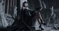 Rule 34 | 1girl, absurdres, bare shoulders, battle, black dress, black footwear, black gloves, black sleeves, bowl, breasts, commentary, crossed legs, detached sleeves, dress, english commentary, gloves, grey hair, guweiz, high heels, highres, holding, holding bowl, holding sword, holding weapon, katana, long sleeves, looking afar, looking away, looking to the side, medium breasts, obi, original, pillar, polearm, red eyes, sash, shoes, short hair, sitting, sleeveless, sleeveless dress, sleeves past wrists, solo focus, spear, stairs, stone stairs, sword, throne, weapon, wide sleeves