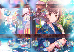 Rule 34 | 1girl, :d, ahoge, blue kimono, blunt bangs, blurry, blurry foreground, braid, brown eyes, brown hair, commentary request, day, festival, fireworks print, floating hair, french braid, hair ribbon, hanekoto, japanese clothes, kimono, long sleeves, looking at viewer, medium hair, open mouth, original, outdoors, print kimono, red ribbon, ribbon, smile, solo, twitter username, upper body, wide sleeves, wind, wind chime, yukata
