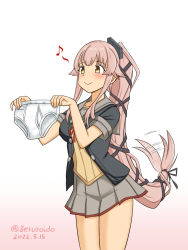 Rule 34 | 1girl, black gloves, black jacket, briefs, commentary request, cowboy shot, dated, geru, gloves, gradient background, grey sailor collar, grey skirt, hair flaps, hair ribbon, holding, holding clothes, jacket, kantai collection, long hair, male underwear, neck ribbon, one-hour drawing challenge, pink hair, pleated skirt, ponytail, red ribbon, ribbon, sailor collar, school uniform, serafuku, short sleeves, skirt, solo, standing, twitter username, underwear, very long hair, white background, yura (kancolle), yura kai ni (kancolle)