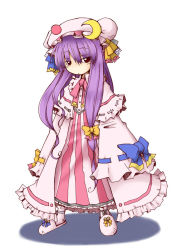 Rule 34 | 1girl, bell, bow, crescent, female focus, hair bow, hat, jingle bell, long hair, mogito, patchouli knowledge, purple hair, red eyes, red hair, sleeves past wrists, slippers, solo, touhou, white background, wide sleeves