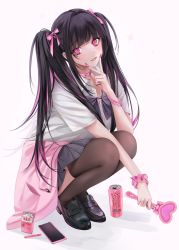 Rule 34 | 1girl, black bow, black bowtie, black hair, bow, bowtie, brown thighhighs, can, cigarette, clothes around waist, collar, collarbone, grey shirt, grey skirt, hair intakes, hair ribbon, heart, highres, holding, holding wand, long hair, mole, mole under mouth, monster energy, nail polish, ompf, original, phone, pink collar, pink eyes, pink nails, pink ribbon, pink sweater, plaid, plaid skirt, ribbon, shirt, simple background, skirt, smile, solo, squatting, sweater, sweater around waist, teeth, thighhighs, twintails, v, wand, white background