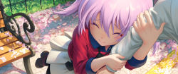 Rule 34 | 1girl, alice gear aegis, arm hug, bench, closed mouth, commentary request, eyebrows hidden by hair, closed eyes, flower, hirasaka yotsuyu, hug, pinakes, pink hair, shirt, shoes, skirt, smile, white skirt