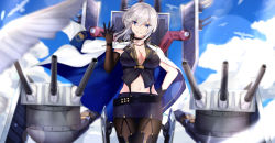 Rule 34 | 1girl, azur lane, belt, bird, black gloves, black pantyhose, blue eyes, blue sky, blurry, boots, breasts, cannon, chain, choker, cleavage, cloud, collarbone, commentary request, cowboy shot, cross, cross necklace, day, depth of field, eternity (pixiv8012826), eyes visible through hair, floating hair, gloves, hair between eyes, half gloves, hand on own hip, hand up, head tilt, highres, jacket, jacket on shoulders, jewelry, large breasts, looking at viewer, machinery, military jacket, mole, mole on breast, navel, necklace, outdoors, pantyhose, parted lips, pencil skirt, short hair, sidelocks, silver hair, skirt, sky, smile, solo, thigh boots, thighhighs, washington (azur lane), wind, wind lift, wrist straps