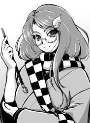Rule 34 | 1girl, forbidden scrollery, futatsuiwa mamizou, futatsuiwa mamizou (human), glasses, gradient background, greyscale, hair ornament, highres, holding, holding smoking pipe, kiseru, leaf, leaf hair ornament, leaf on head, long hair, looking at viewer, mazume, monochrome, pince-nez, portrait, scarf, smile, smoking pipe, solo, touhou