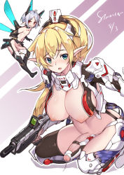 Rule 34 | 2girls, bar censor, blonde hair, breasts, censored, futanari, futanari, green eyes, gun, highres, large breasts, large penis, looking at viewer, mecha musume, multiple girls, nipples, open mouth, original, penis, personification, pointy ears, red eyes, revealing clothes, small breasts, solo focus, stmast, thighhighs, trap, weapon, white hair