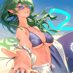 Rule 34 | 1girl, arknights, bikini, bikini under clothes, blue bikini, blue sky, breasts, cleavage, day, drive shot, earrings, floating hair, foreshortening, gavial (arknights), gavial the invincible (arknights), gavial the invincible (holiday) (arknights), green hair, highres, jewelry, large breasts, looking at viewer, navel, o-ring, o-ring top, open fly, outdoors, outstretched arm, parted lips, pointy ears, shorts, sky, smile, solo, stomach, sunglasses, swimsuit, upper body, white shorts, yellow eyes