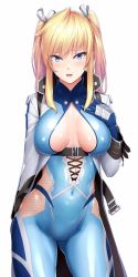 Rule 34 | 1girl, arm at side, blue bodysuit, blue eyes, blush, bodysuit, breasts, center opening, commentary request, covered erect nipples, covered navel, cowboy shot, hair ribbon, hand on own chest, highres, jacket, kageshio (276006), large breasts, long hair, long sleeves, looking at viewer, ribbon, shinganji kurenai, shrug (clothing), simple background, solo, taimanin (series), taimanin kurenai, twintails, underbust, white background, white jacket, white ribbon