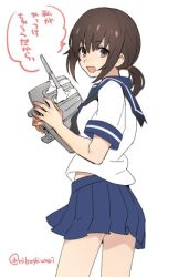 Rule 34 | 1girl, :d, adapted turret, black neckerchief, blue sailor collar, blue skirt, brown eyes, brown hair, commentary request, cowboy shot, from behind, fubuki (kancolle), hair between eyes, hair tie, hand up, holding, holding turret, kantai collection, long hair, looking at viewer, looking back, low ponytail, miniskirt, neckerchief, one-hour drawing challenge, open mouth, pleated skirt, sailor collar, school uniform, serafuku, shirt, short sleeves, sidelocks, simple background, skirt, smile, solo, speech bubble, standing, sugimoto (niboshiumai), thighs, translation request, turret, twitter username, white background, white shirt