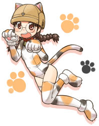Rule 34 | 10s, animal costume, animal ears, animal hands, bell, black hair, blush stickers, braid, brown eyes, brown hat, calico, cat costume, cat ears, cat tail, collar, commentary, dutch angle, elbow gloves, fake animal ears, fake tail, fukuda haru, girls und panzer, glasses, gloves, hat, helmet, leg up, leotard, long hair, neck bell, open mouth, paw gloves, paw pose, paw print, paw shoes, print gloves, print leotard, print thighhighs, round eyewear, shadow, shoes, solo, standing, standing on one leg, tail, thighhighs, twin braids, twintails, uona telepin, white background