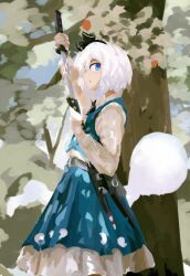 Rule 34 | 1girl, absurdres, black hairband, blue eyes, closed mouth, commentary, english commentary, from side, ghost, green skirt, green vest, hairband, highres, holding, holding sword, holding weapon, konpaku youmu, konpaku youmu (ghost), long sleeves, looking at viewer, outdoors, photo-referenced, shirt, short hair, skirt, solo, sword, touhou, tree, vest, voidredhollow, weapon, white hair, white shirt